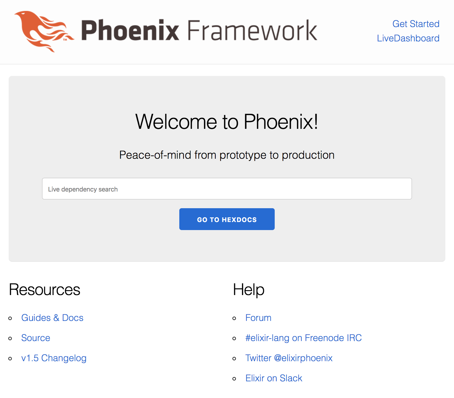 The default Phoenix LiveView page